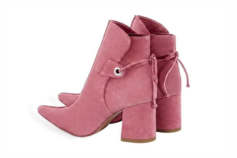 Dress ankle boots back laces in carnation pink leather with high slim heels and pointed toe - Rear view